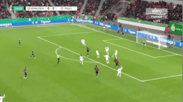 31'泰里耶破门! 勒沃库森 1- 0圣保利