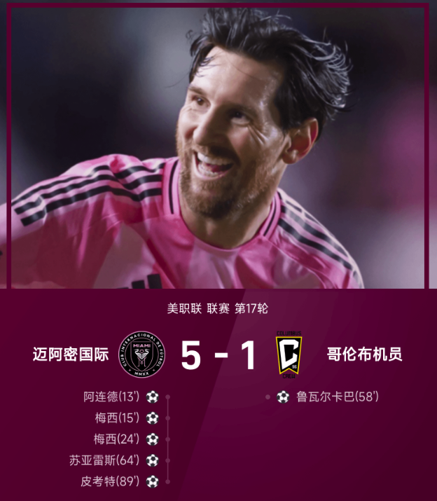 ⚽美职联战报：梅西独造4球，苏亚雷斯建功，迈阿密国际5-1哥伦布机员