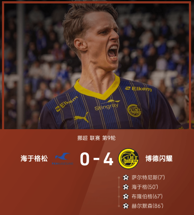 ⚽挪超战报：海于格、萨尔特尼斯建功，博德闪耀4-0海于格松