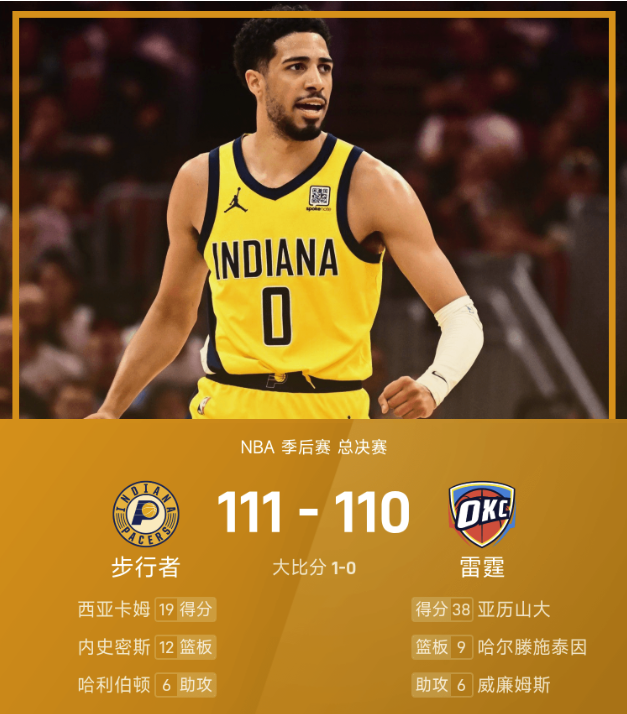 🏀NBA总决赛战报：哈利伯顿准绝杀，亚历山大空砍38分，步行者111-110险胜雷霆