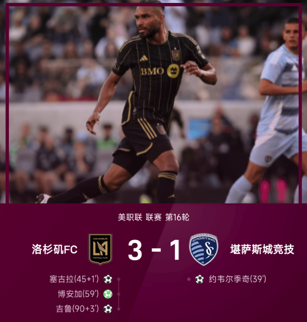 美职联战报 洛杉矶FC3-1逆转堪萨斯城竞技