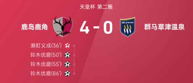 ⚽天皇杯战报：濑町义成乌龙，铃木优磨戴帽，鹿岛4-0大胜群马