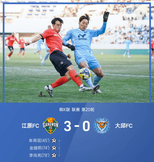 韩K联战报江原FC3比0大胜大邱FC 李尚宪破门