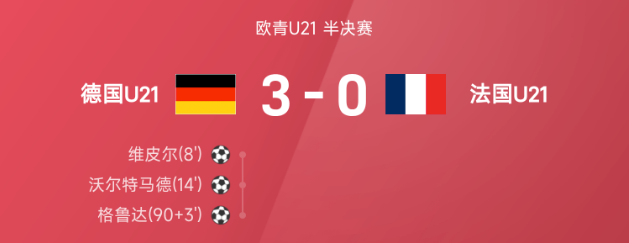 欧青U21战报：沃尔特马德、格鲁达破门，德国3-0完胜法国