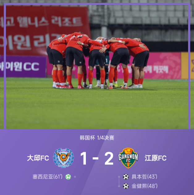 25赛季韩国杯战报 江原2比1大邱晋级