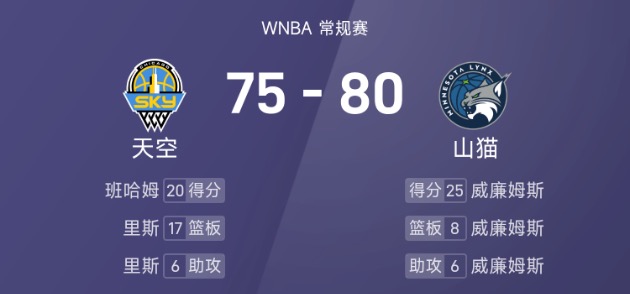 WNBA战报：威廉姆斯25分8板6助，班哈姆20分，山猫80-75击败天空