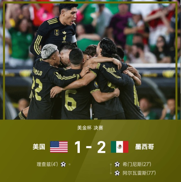 美金杯决赛战报：阿尔瓦雷斯制胜球，墨西哥2-1逆转美国夺冠