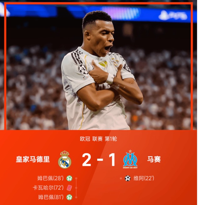欧冠战报:姆总点射双响,卡瓦哈尔染红,皇马2-1马赛
