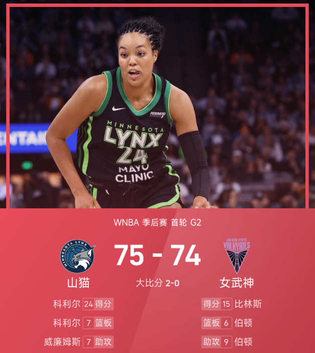 WNBA季后赛战报：科利尔24+7，山猫75-74女武神
