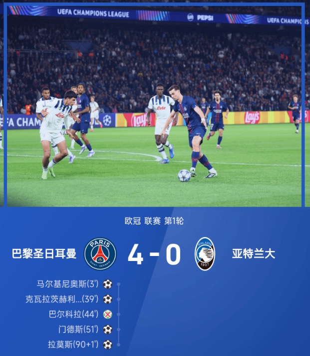 欧冠战报：门德斯破门，拉莫斯制胜，巴黎4-0大胜亚特兰大