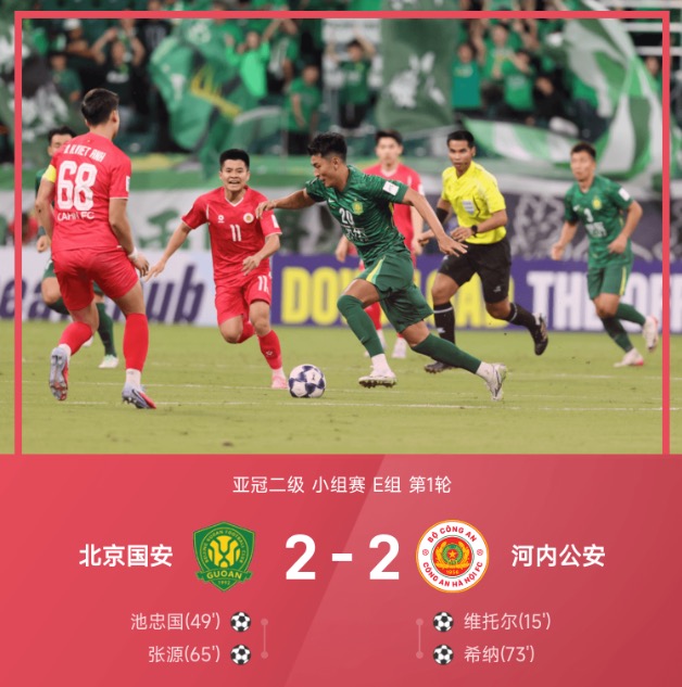 亚冠二级战报:池忠国张源破门,北京国安主场2-2河内公安