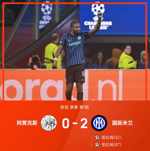 欧冠战报：图拉姆梅开二度，国际米兰2-0客胜阿贾克斯