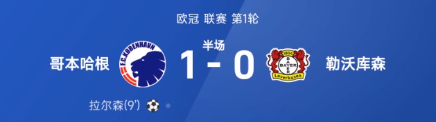 欧冠半场：拉尔森推射破门，哥本哈根1-0勒沃库森
