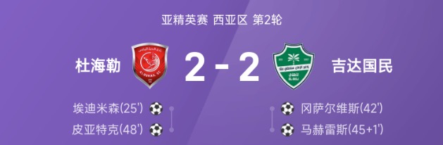 亚精英赛战报:埃迪米森传射救主,杜海勒2-2吉达国民