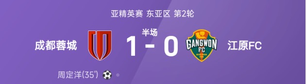 亚精英赛半场：周定洋抽射破僵，成都蓉城暂1-0江原FC