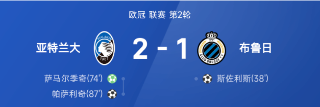 欧冠战报：萨马尔季奇独造两球，亚特兰大2-1逆转绝杀布鲁日