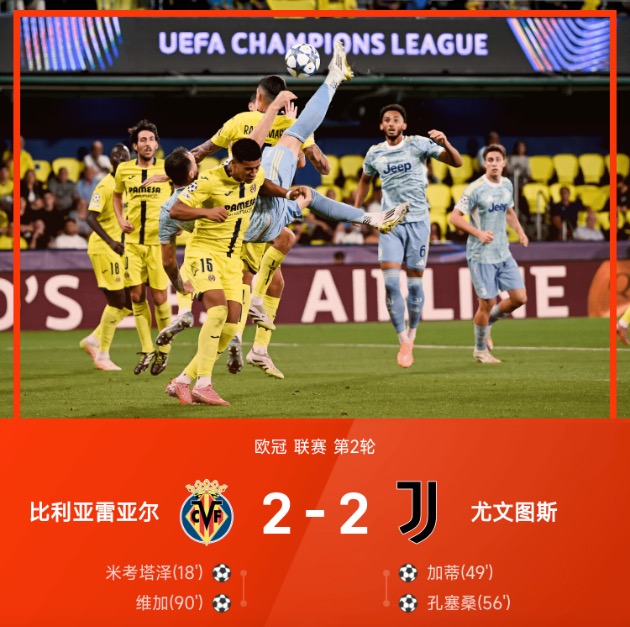 欧冠战报:维加头球绝平,比利亚雷亚尔2-2尤文图斯