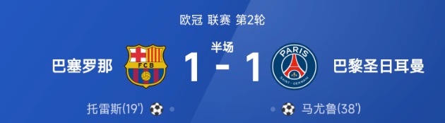 欧冠半场:托雷斯破门,马尤鲁追平,巴萨暂1-1大巴黎