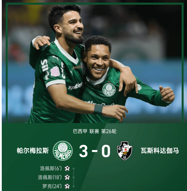 巴甲战报：洛佩斯两射一传，帕尔梅拉斯3-0瓦斯科达伽马