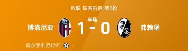 欧联半场:奥尔索利尼破门,博洛尼亚1-0弗赖堡
