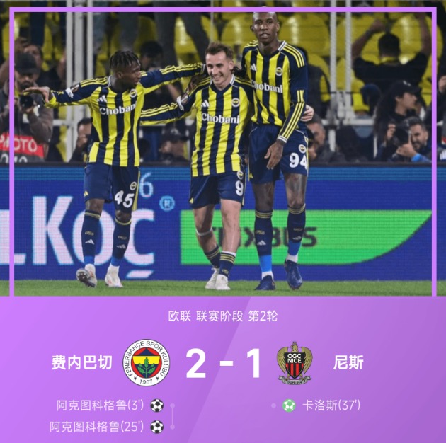 欧联战报：阿克图科格鲁梅开二度，费内巴切2-1尼斯