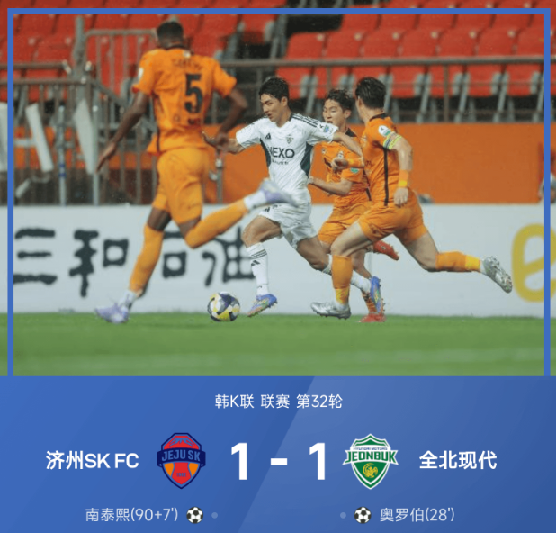 韩K战报：奥罗伯破门，南泰熙绝平，全北现代1-1济州SK