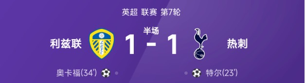 英超半场：特尔世界波，奥卡福扳平，热刺暂1-1利兹联