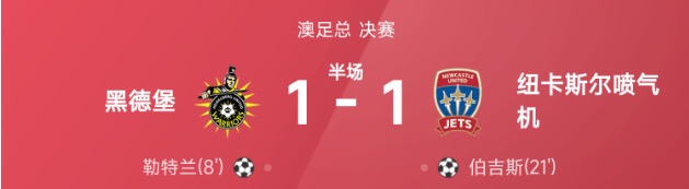 澳足总半场:勒特兰破门,伯吉斯扳平,黑德堡1-1喷气机