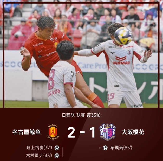 25赛季日职联33轮 名古屋鲸鱼2比1胜大阪樱花