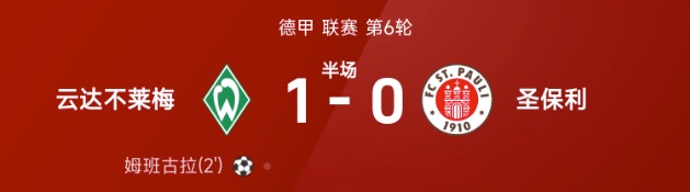 德甲半场：姆班古拉破门，云达不莱梅1-0圣保利