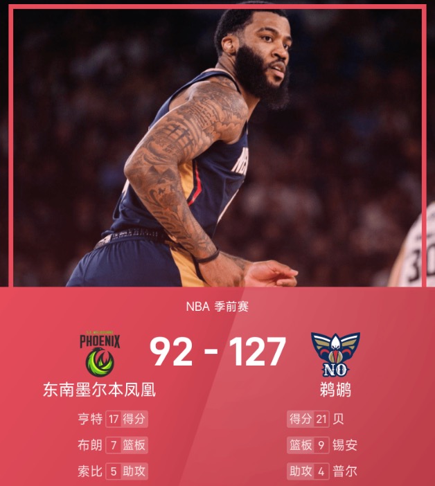 NBA季前赛战报：贝21分，鹈鹕127-92轻取凤凰