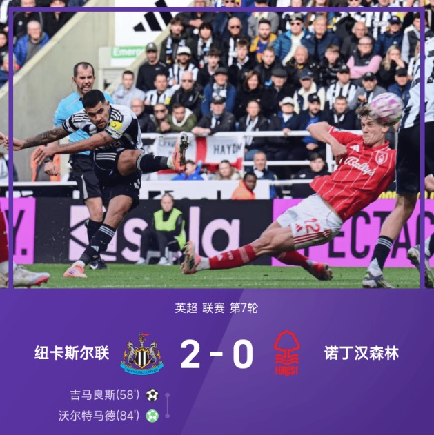 英超战报：沃尔特马德点射制胜，纽卡2-0诺丁汉森林