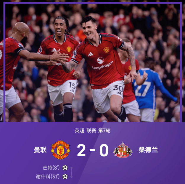 英超战报：芒特建功，谢什科连场破门，曼联2-0轻取桑德兰