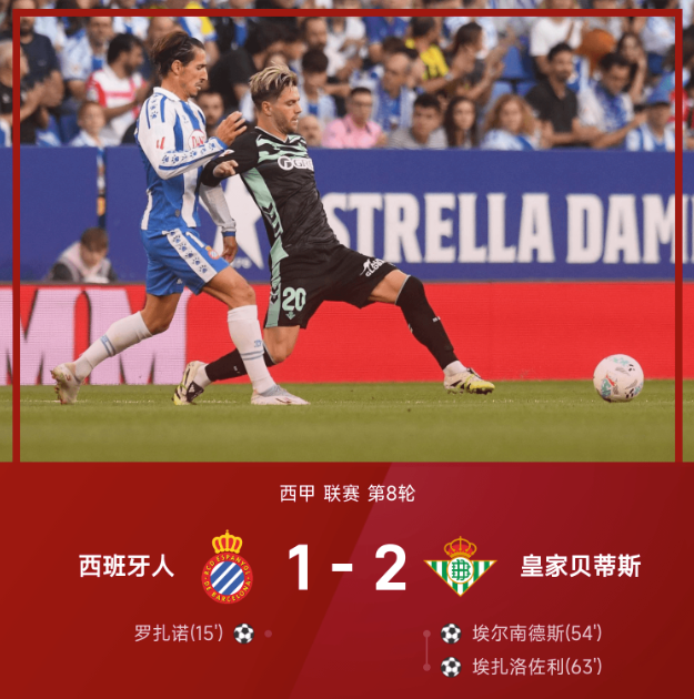 西甲战报：埃扎洛佐利制胜，贝蒂斯2-1逆转西班牙人