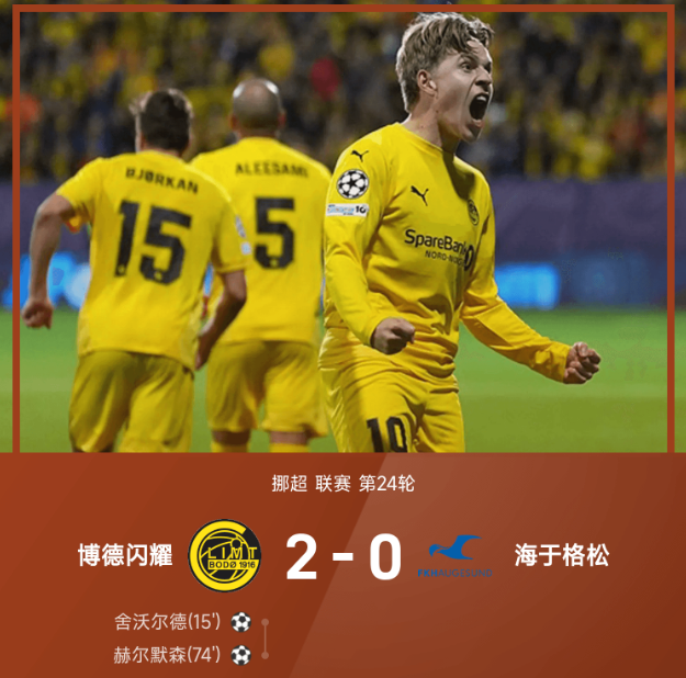 挪超战报:赫尔默森头球制胜,博德闪耀2-0海于格松