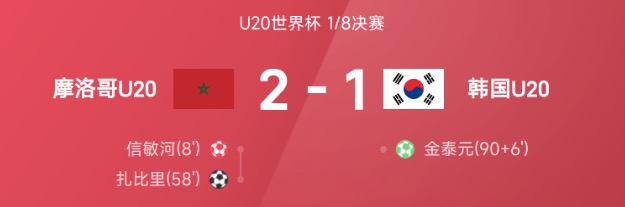 U20世界杯战报：扎比里破门，摩洛哥2-1淘汰韩国