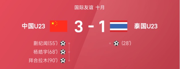 友谊赛战报：蒯纪闻、拜合拉木破门，U23国足3-1泰国U23