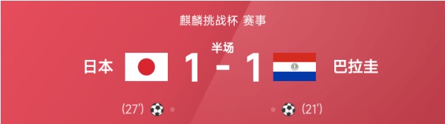 麒麟挑战杯半场:加蒂托失误送礼,日本暂1-1巴拉圭