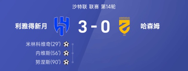 沙特联第14轮 利雅得新月3比0胜哈森姆内维斯传射