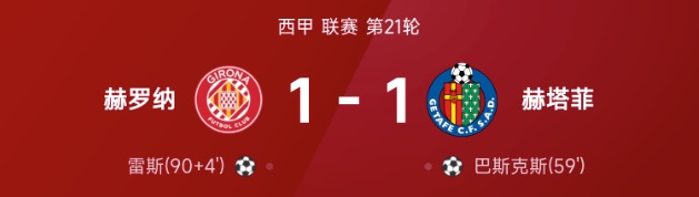 西甲战报：巴斯克斯破门，雷斯读秒绝平，赫罗纳1-1赫塔菲