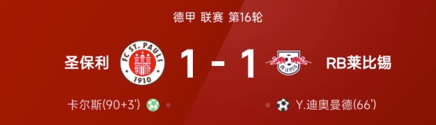 德甲战报:迪奥曼德世界波,卡尔斯点射绝平,莱比锡1-1圣保利