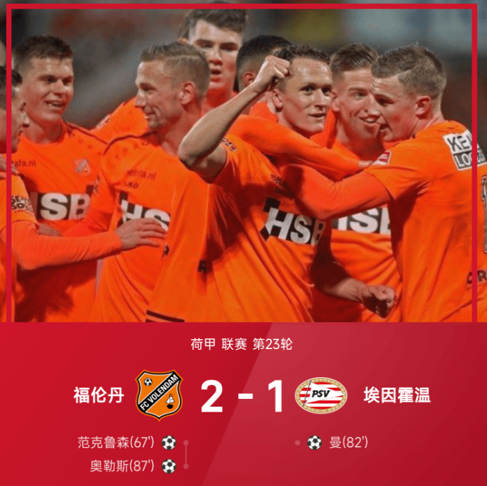 荷甲战报：范克鲁森进球，奥勒斯破门，福伦丹2-1埃因霍温
