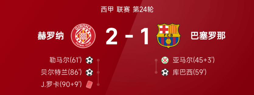 西甲战报：亚马尔失点，贝尔特兰争议绝杀，赫罗纳2-1巴萨