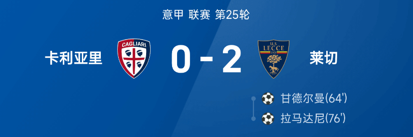意甲战报：甘德尔曼、拉马达尼破门，卡利亚里0-2莱切