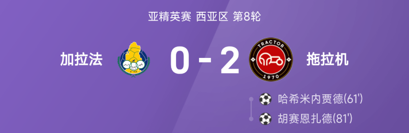 亚精英战报:希米内贾德破门,拖拉机2-0加拉法