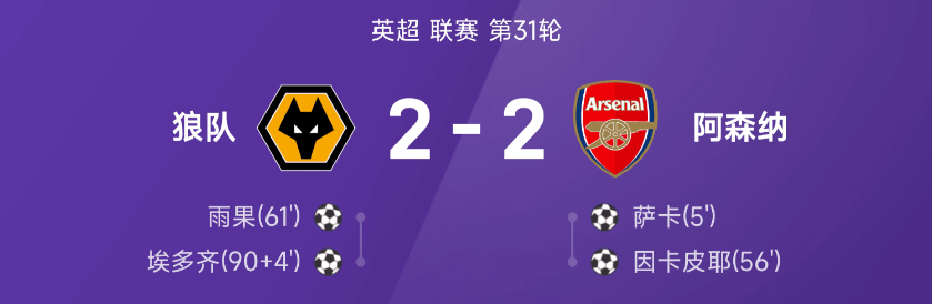 英超战报:萨卡破门,埃多齐补时绝平,阿森纳2-2狼队