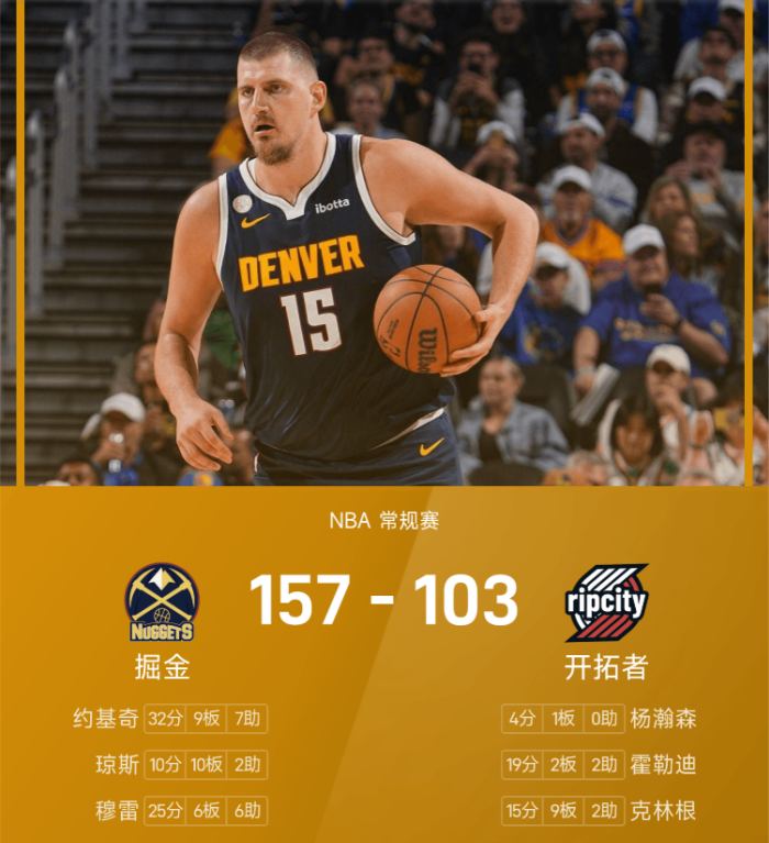 NBA战报：约基奇32分准三双，杨瀚森4分1帽，掘金157-103狂胜开拓者