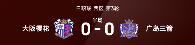 日职联半场：两队破门乏术，大阪樱花0-0广岛三箭