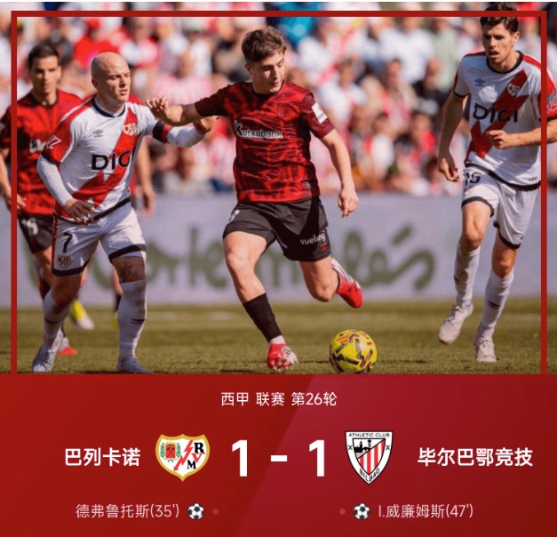 西甲战报：伊尼亚基·威廉姆斯救主，巴列卡诺1-1毕尔巴鄂
