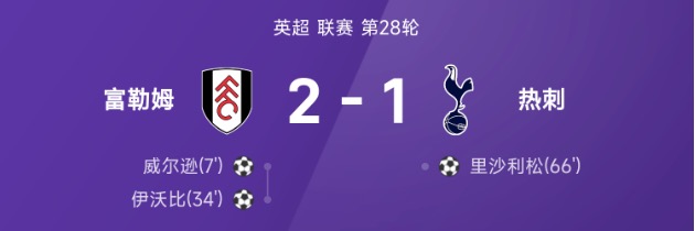 英超战报：里沙利松破门难救主，热刺1-2客负富勒姆